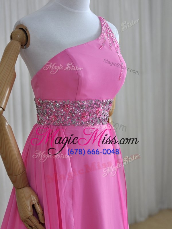 wholesale romantic one shoulder rose pink chiffon lace up prom evening gown sleeveless brush train beading