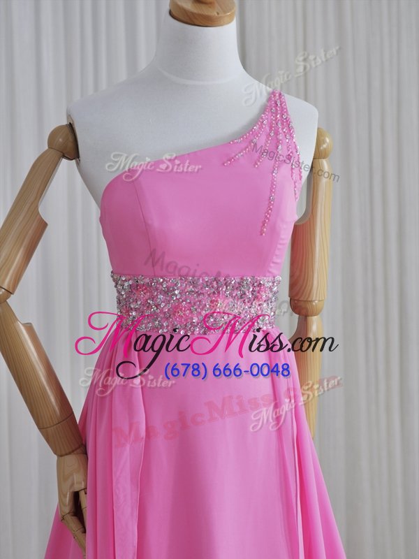 wholesale romantic one shoulder rose pink chiffon lace up prom evening gown sleeveless brush train beading