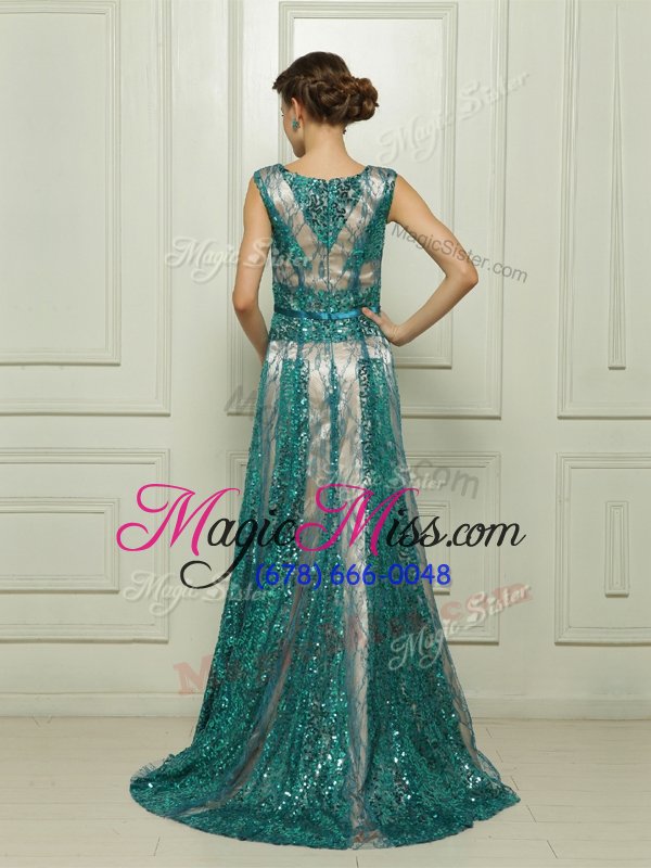 wholesale sophisticated scoop floor length teal evening dress tulle sleeveless beading and sequins
