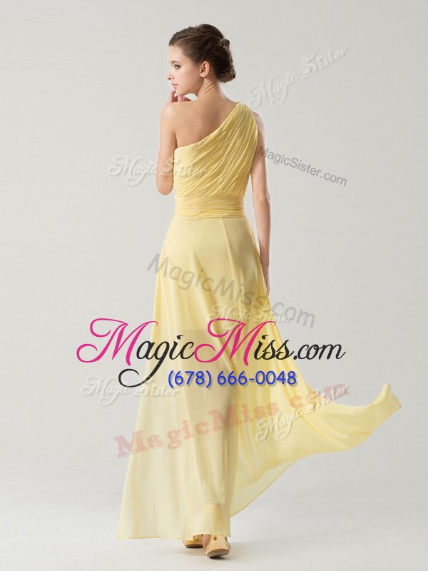 wholesale shining one shoulder sleeveless casual dresses ankle length beading and ruching light yellow chiffon