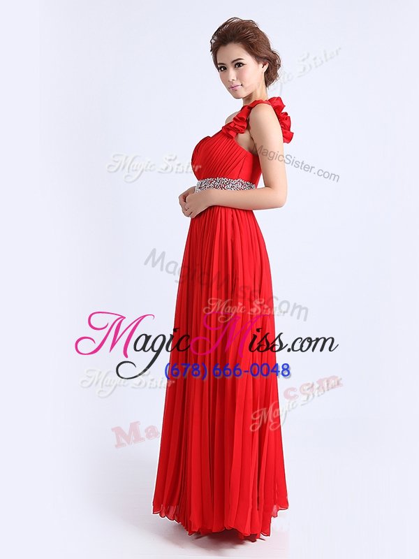 wholesale one shoulder sleeveless chiffon floor length zipper prom gown in red for with beading and ruching and pleated