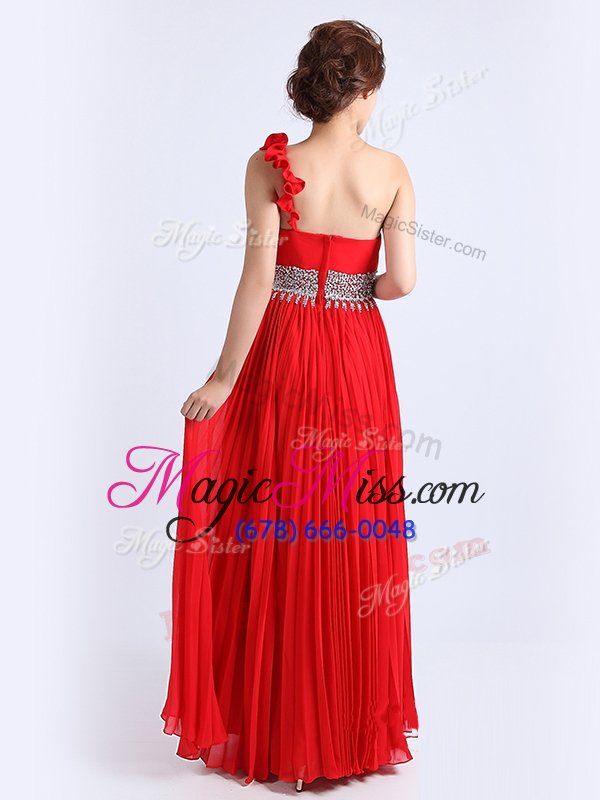 wholesale one shoulder sleeveless chiffon floor length zipper prom gown in red for with beading and ruching and pleated