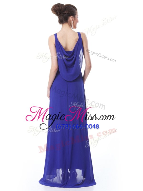 wholesale fashionable blue sleeveless brush train beading and ruching with train prom party dress