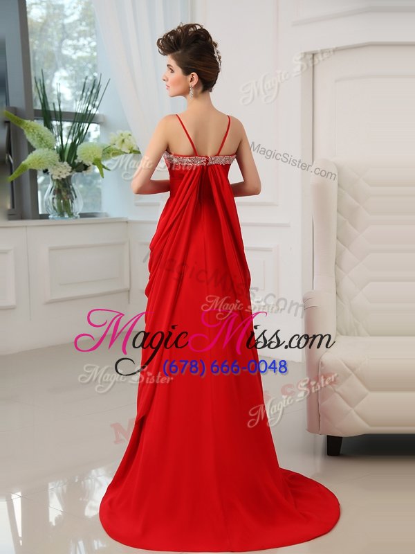 wholesale dramatic red prom and party and for with beading and ruching spaghetti straps sleeveless brush train zipper