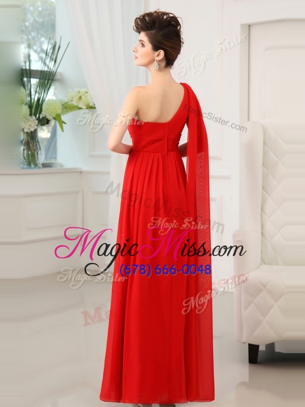 wholesale nice one shoulder floor length red prom party dress chiffon sleeveless beading and sashes|ribbons and ruching
