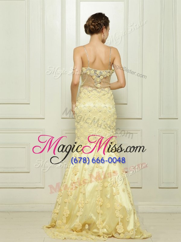 wholesale modest with train mermaid sleeveless light yellow high school pageant dress brush train side zipper