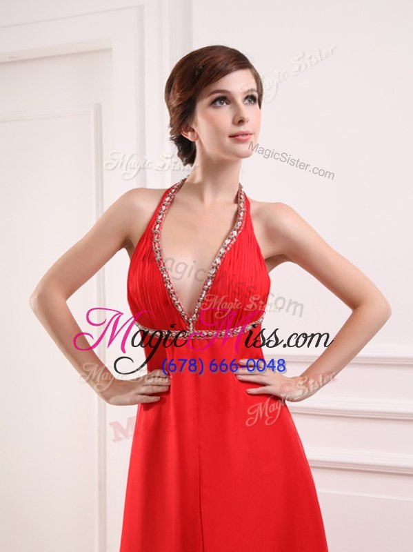 wholesale captivating halter top red sleeveless beading floor length prom evening gown