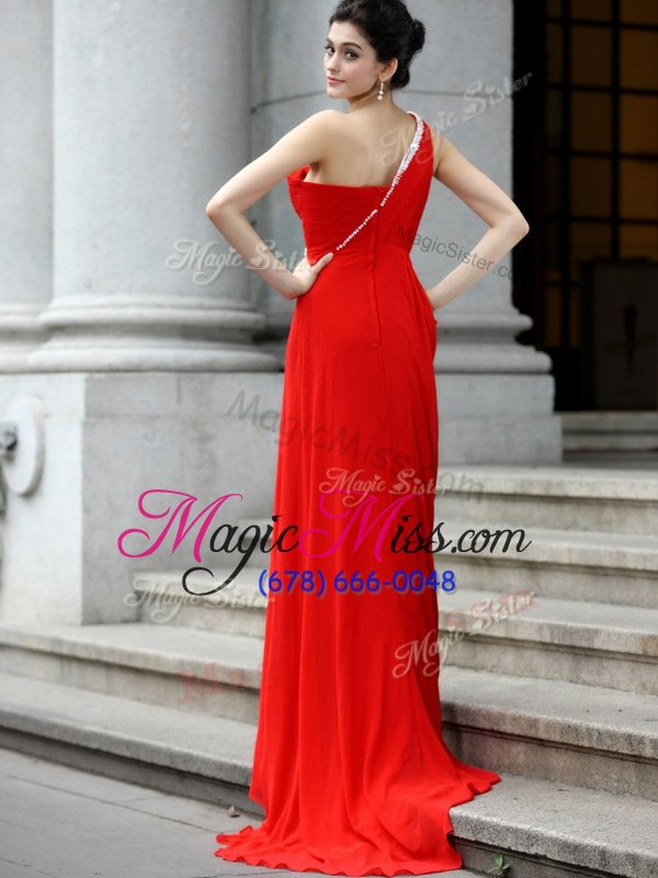 wholesale great one shoulder sleeveless brush train zipper with train beading and ruching prom dress