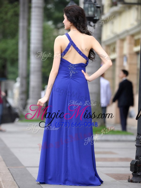 wholesale sweet one shoulder royal blue column/sheath beading and ruching prom dresses side zipper chiffon sleeveless floor length