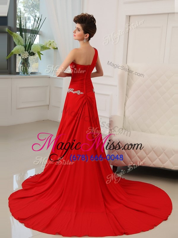 wholesale unique red zipper one shoulder beading and ruching dress for prom chiffon sleeveless sweep train