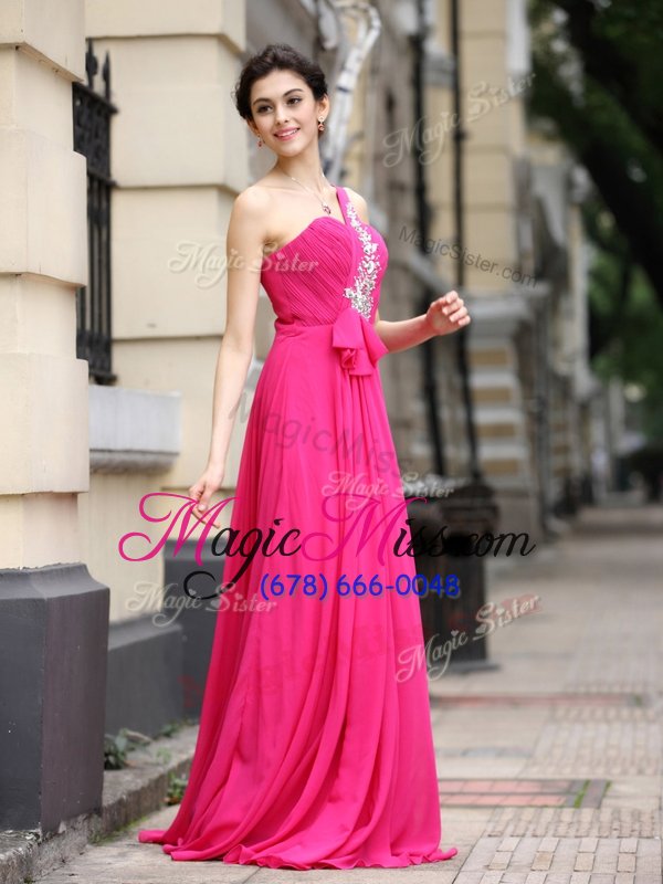 wholesale charming one shoulder with train column/sheath sleeveless hot pink prom dresses brush train zipper