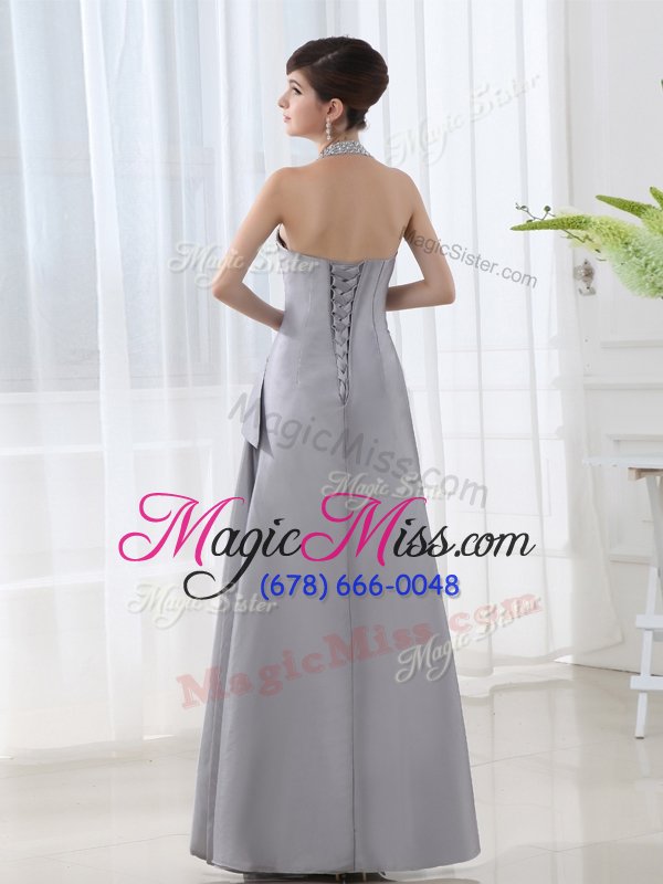 wholesale deluxe halter top sleeveless lace up prom evening gown silver satin