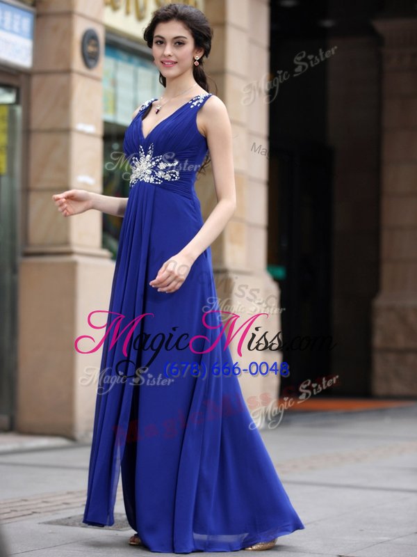 wholesale clearance blue sleeveless beading and appliques and ruching floor length evening dress