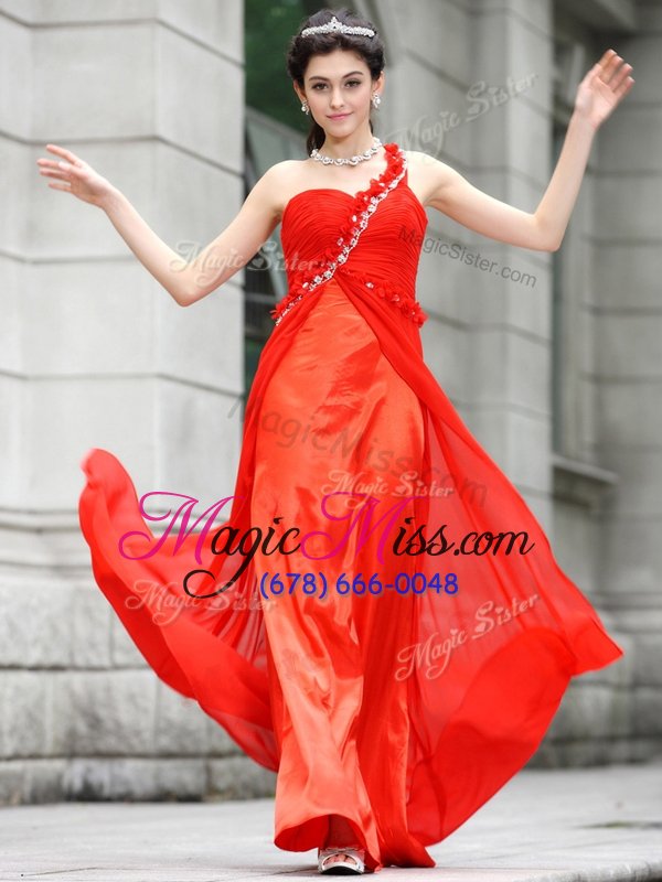 wholesale dramatic one shoulder red sleeveless beading and hand made flower floor length evening dress