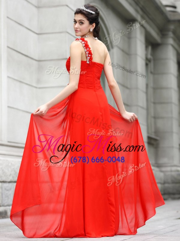 wholesale dramatic one shoulder red sleeveless beading and hand made flower floor length evening dress