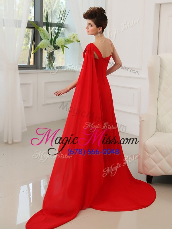 wholesale deluxe chiffon one shoulder sleeveless court train zipper beading and ruching prom gown in red