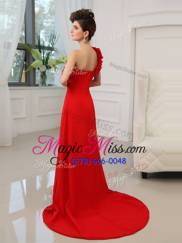 wholesale captivating one shoulder satin sleeveless with train evening dress court train and beading and hand made flower