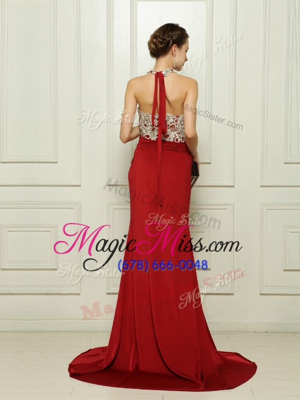 wholesale great elastic woven satin sleeveless with train evening wear brush train and beading and appliques