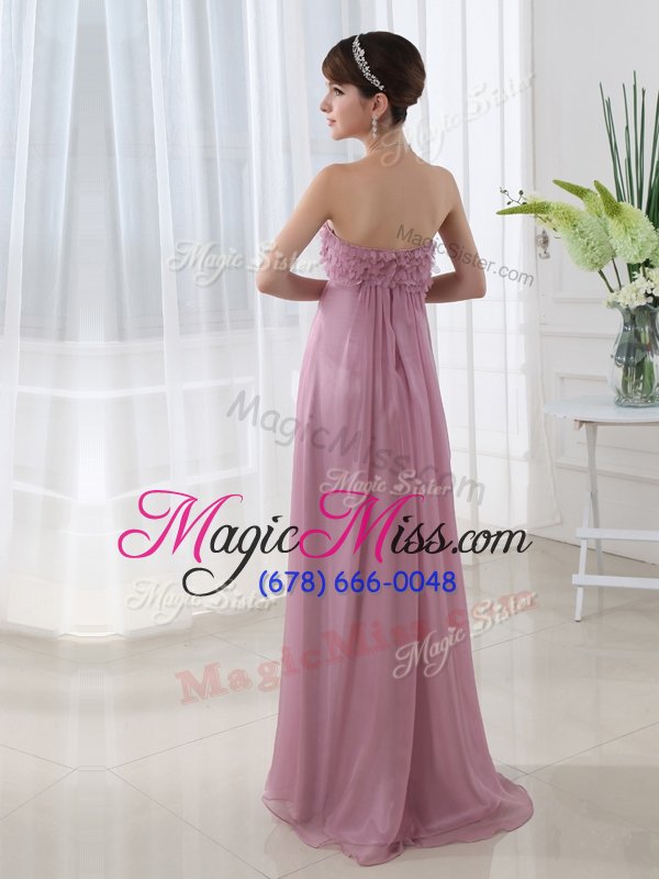 wholesale low price sleeveless chiffon floor length zipper prom party dress in baby pink for with hand made flower