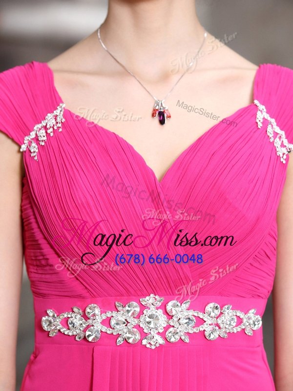 wholesale on sale hot pink zipper v-neck beading prom gown chiffon sleeveless