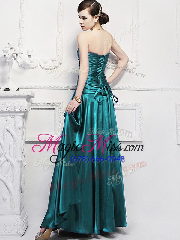 wholesale adorable sleeveless elastic woven satin floor length lace up evening gowns in teal for with ruching