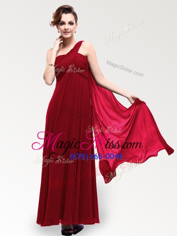 wholesale empire homecoming dress wine red one shoulder chiffon sleeveless floor length zipper