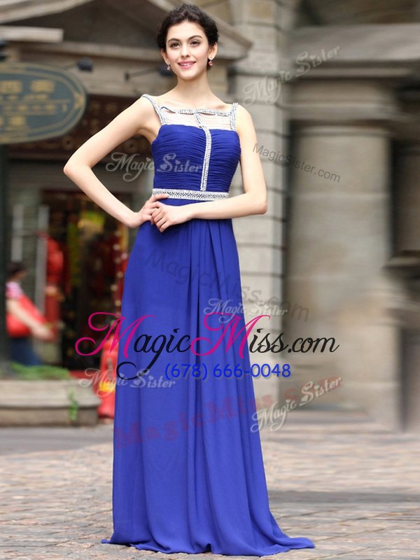 wholesale modest royal blue sleeveless chiffon zipper prom gown for prom and party