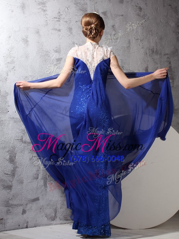 wholesale hot selling sleeveless floor length lace and sequins zipper prom gown with royal blue