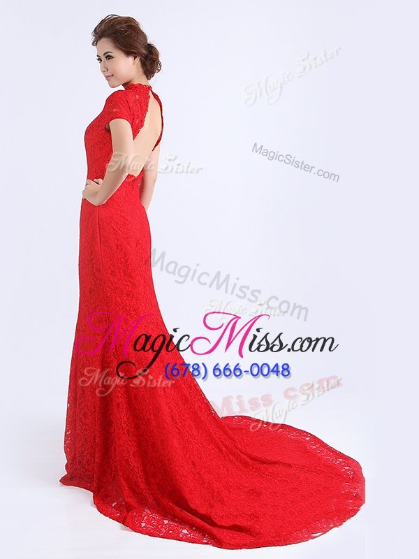 wholesale eye-catching red column/sheath lace military ball dresses backless lace cap sleeves with train