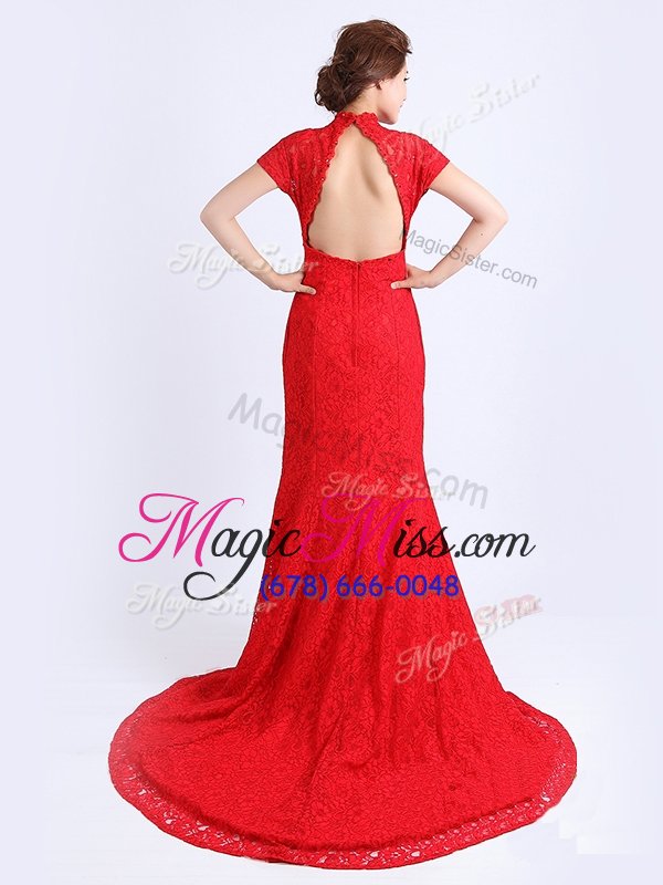 wholesale eye-catching red column/sheath lace military ball dresses backless lace cap sleeves with train