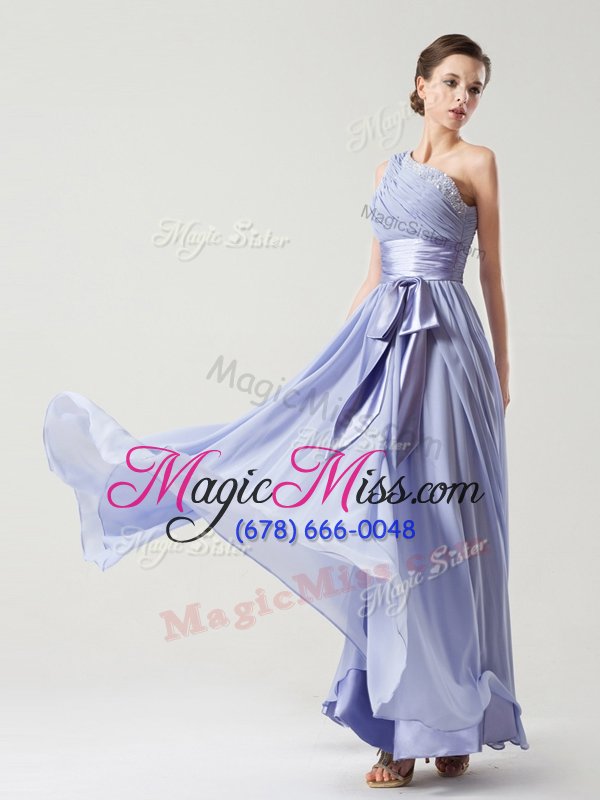 wholesale best one shoulder sleeveless dress for prom floor length ruching and bowknot lavender chiffon