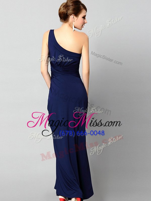 wholesale deluxe one shoulder ankle length column/sheath sleeveless navy blue prom gown side zipper