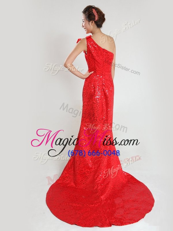 wholesale nice one shoulder sequins and bowknot evening party dresses red zipper sleeveless sweep train