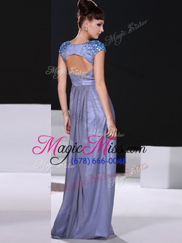 wholesale nice short sleeves floor length beading and ruching zipper ball gown prom dress with lavender