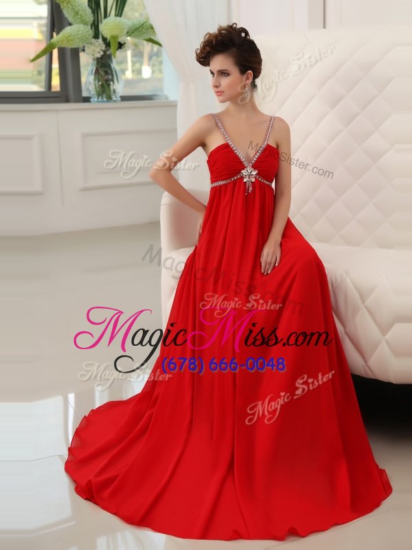 wholesale fitting red prom evening gown prom and party and for with beading and ruching v-neck sleeveless zipper