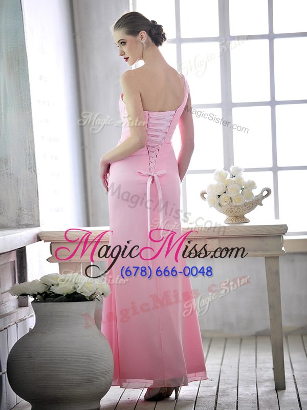 wholesale extravagant ankle length baby pink prom dresses one shoulder sleeveless lace up