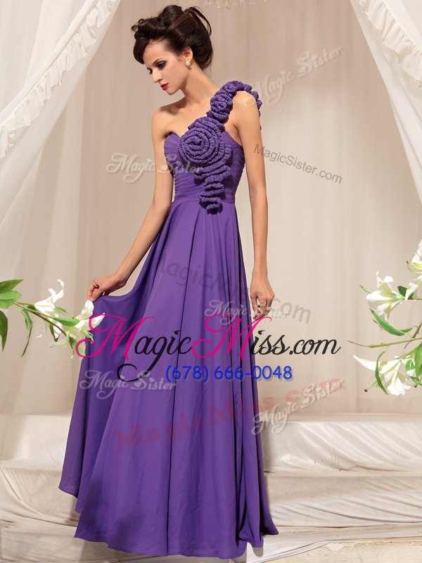wholesale flare one shoulder sleeveless side zipper prom party dress eggplant purple chiffon