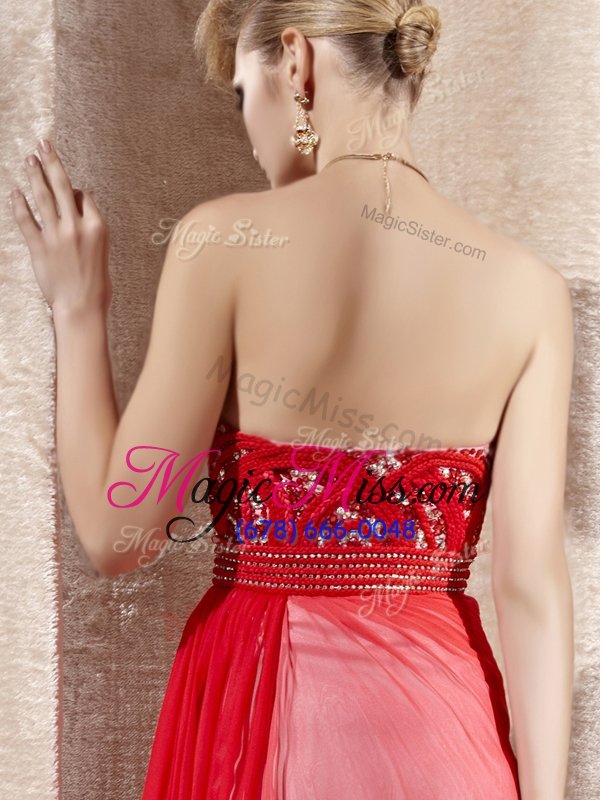 wholesale popular sleeveless floor length beading side zipper evening dress with coral red