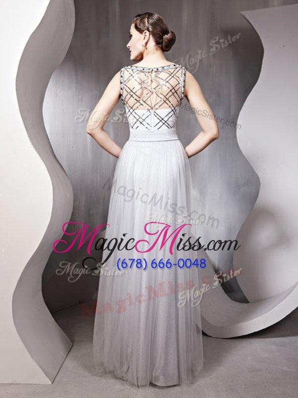 wholesale inexpensive scoop silver sleeveless chiffon zipper prom dress for prom and party