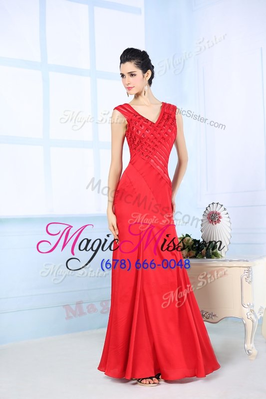 wholesale comfortable watermelon red sleeveless beading floor length juniors evening dress