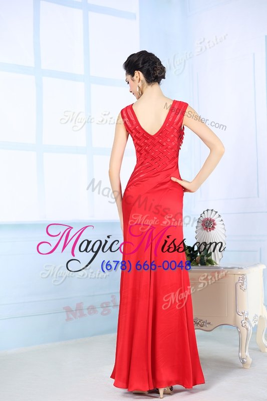 wholesale comfortable watermelon red sleeveless beading floor length juniors evening dress