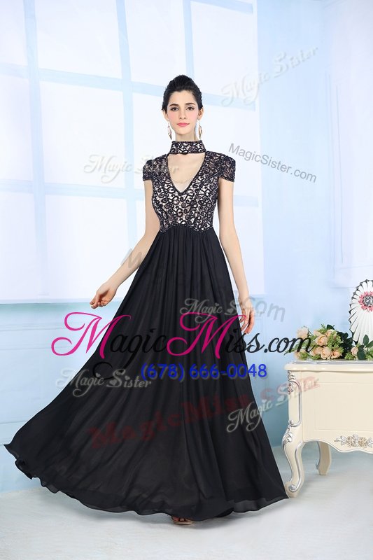 wholesale fashionable black column/sheath high-neck short sleeves chiffon floor length zipper beading and lace prom gown