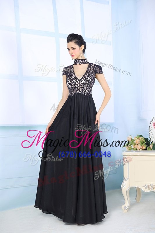 wholesale fashionable black column/sheath high-neck short sleeves chiffon floor length zipper beading and lace prom gown