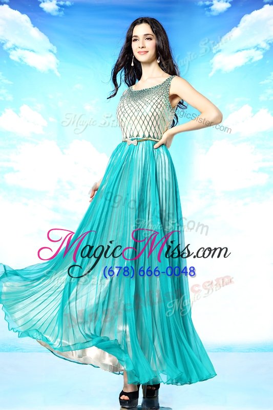 wholesale sexy turquoise side zipper scoop pleated prom dresses chiffon sleeveless