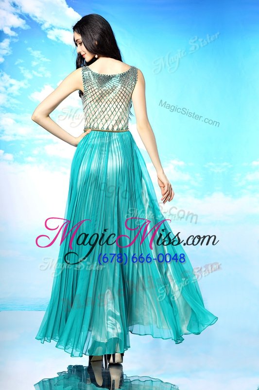 wholesale sexy turquoise side zipper scoop pleated prom dresses chiffon sleeveless