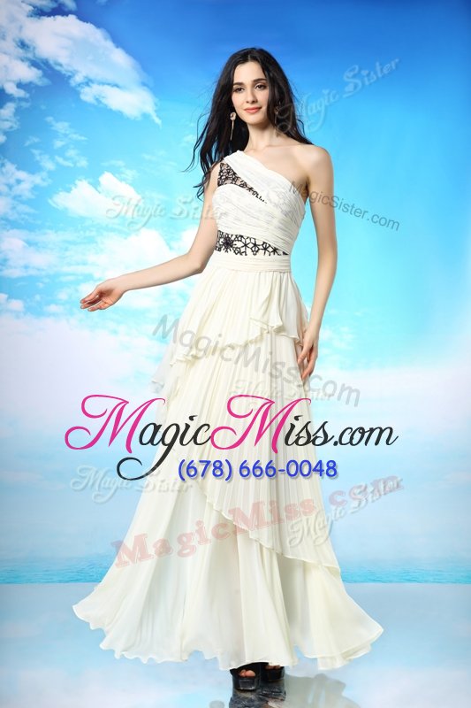 wholesale glamorous one shoulder white and black sleeveless appliques and ruffled layers ankle length