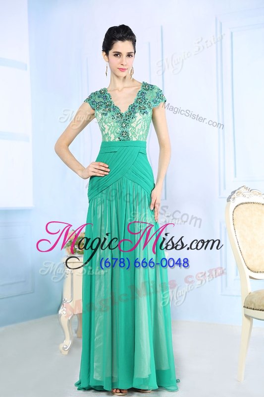 wholesale nice with train turquoise prom gown chiffon brush train cap sleeves beading and lace and ruching