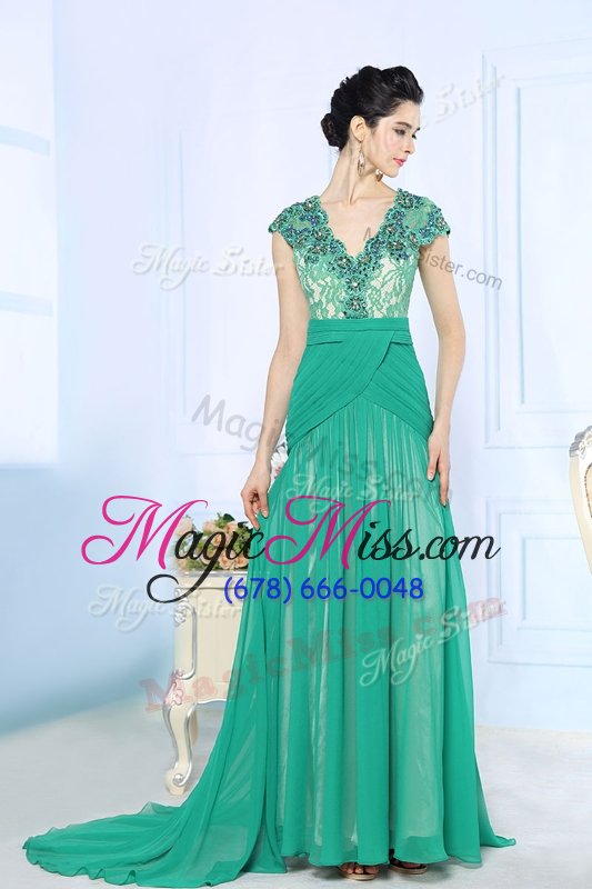 wholesale nice with train turquoise prom gown chiffon brush train cap sleeves beading and lace and ruching