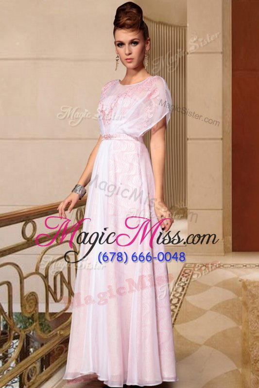 wholesale flare scoop cap sleeves ankle length beading side zipper dress for prom with baby pink