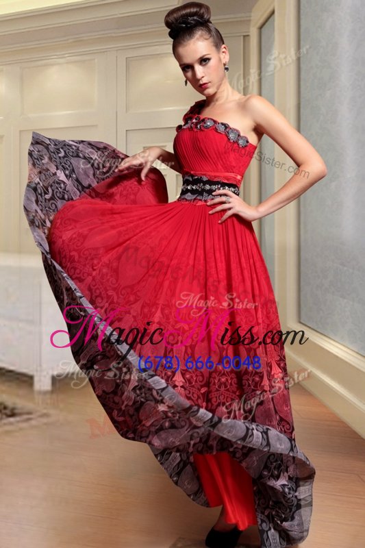 wholesale fine one shoulder red and black chiffon side zipper prom party dress sleeveless floor length beading and pattern and pleated